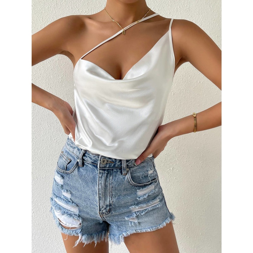 Draped cowl neck criss cross strap Satin crop Top cami tank white - Picture 4 of 7